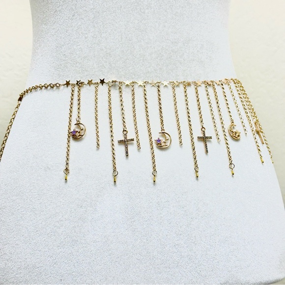 Gold waist chain belt with crosses, stars, and moon charms - Picture 3 of 3
